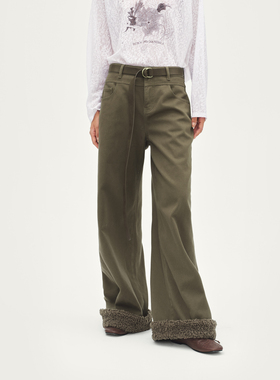 AVVENN薄绒内里脚口毛翻边牛仔阔腿裤灰绿色时髦百搭AL91302624