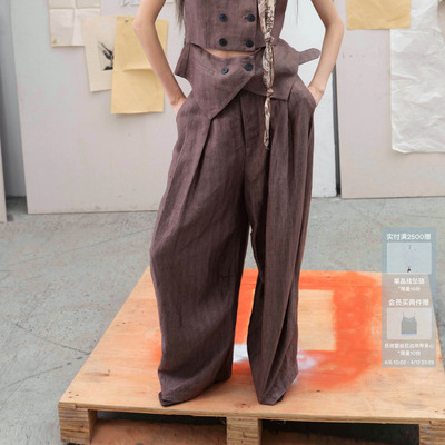 【马思纯同款】AVVENN配腰带亚麻立褶腰带长裤时髦AK11301751