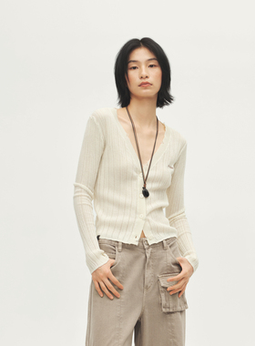 AVVENN设计师款镂空V领微宽松透气坑条针织开衫AL72801575