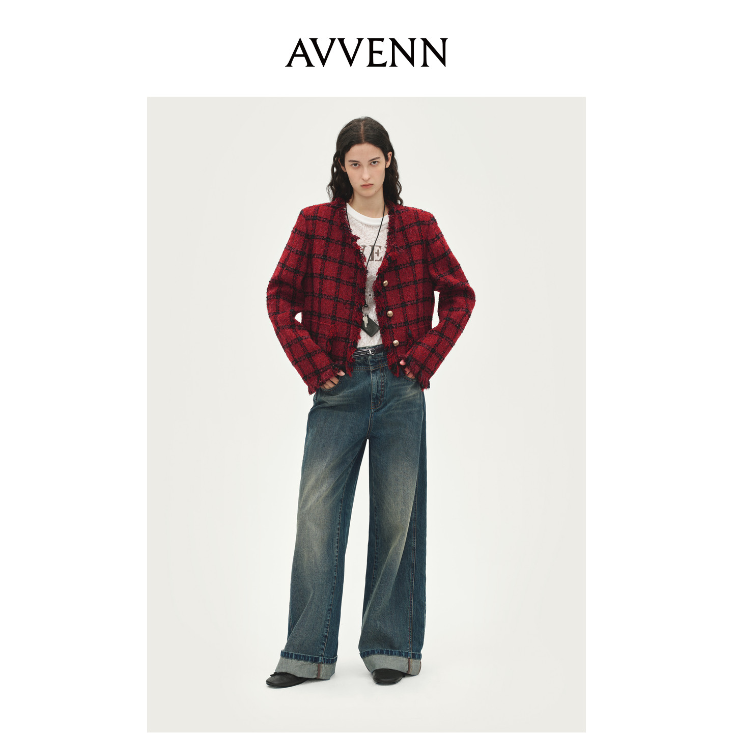 AVVENN配腰带直筒分割设计绣花裤脚翻边牛仔裤AL91302616