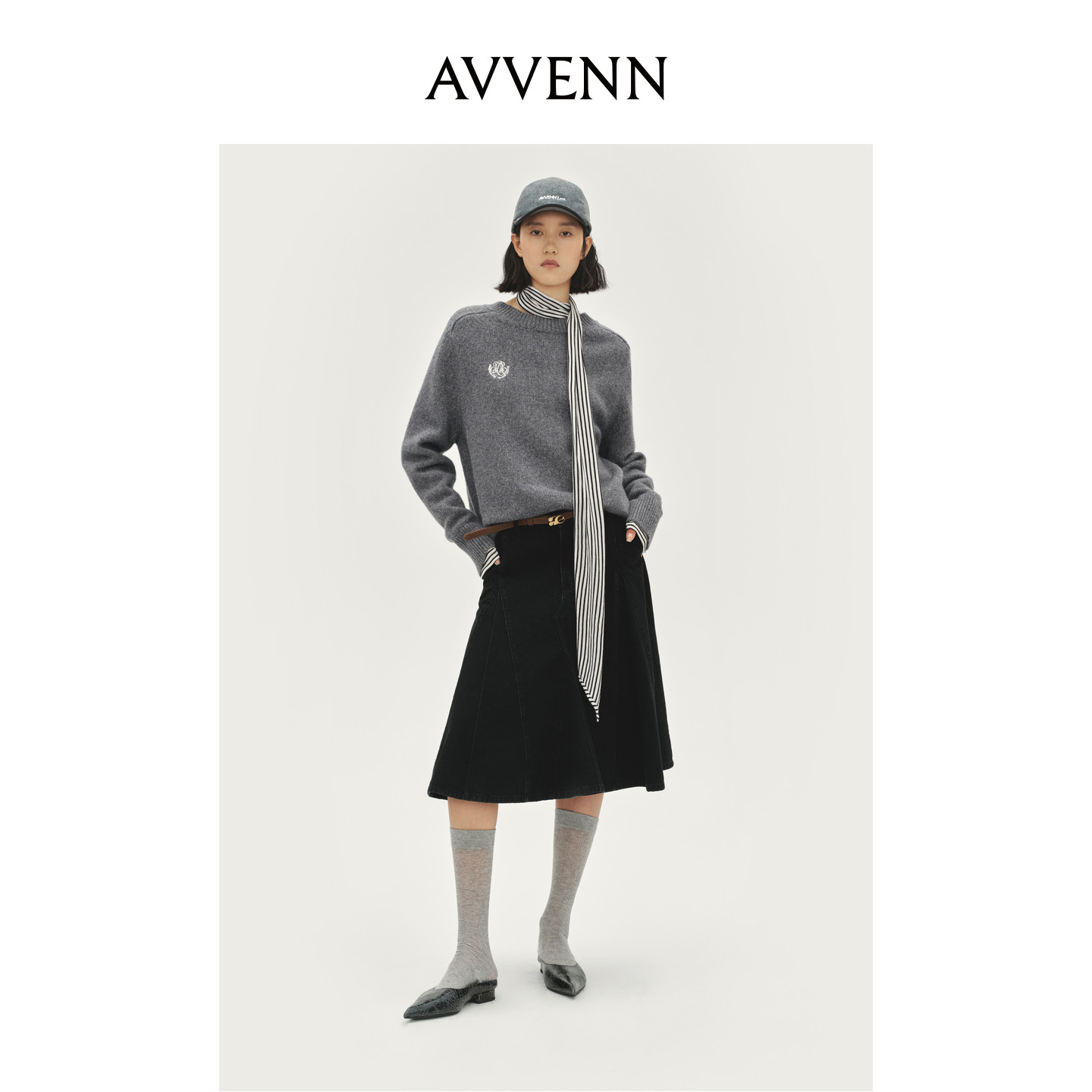 AVVENN灰色圆领刺绣落肩廓形宽松羊毛毛衣百搭松弛感AL90601672
