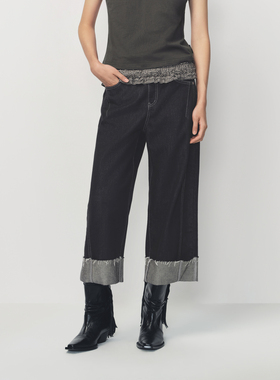 AVVENN花边腰头抽皱细节九分牛仔裤AK11302599