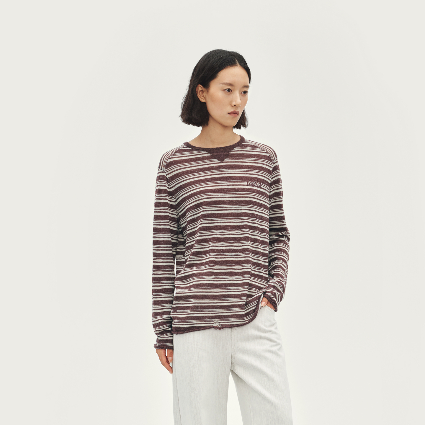 AVVENN圆领套头条纹羊毛毛衫微破洞宽松显瘦时髦内搭AL90601676