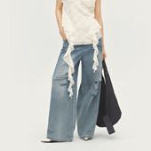 AVVENN AL71302602 软垂破洞浅蓝牛仔裤 迪丽热巴同款 2025秋季