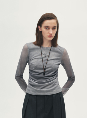 AVVENN2025秋季贴敷透气修身抽褶弹力网纱圆领皮肤衣AL70801545