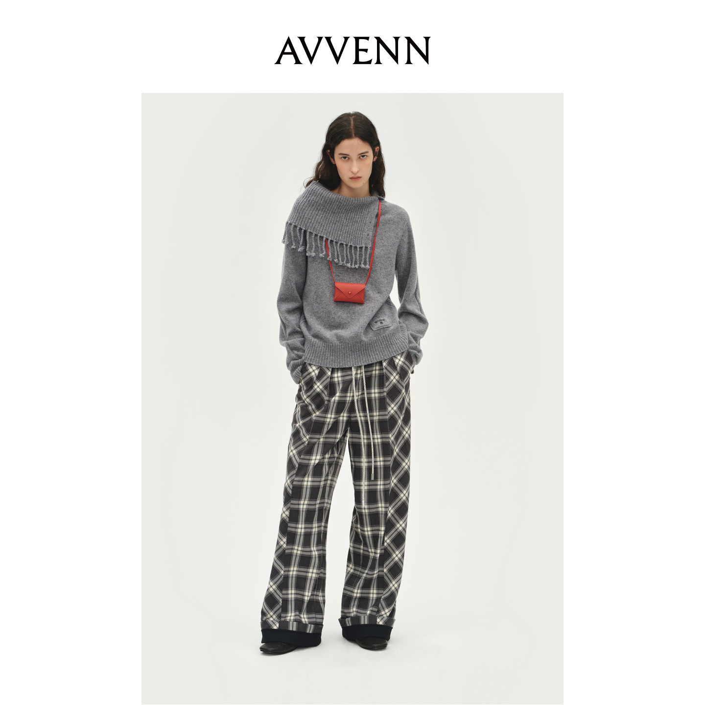 AVVENN手工流苏围巾堆叠感高领设计绣花羊毛衫AL90601675