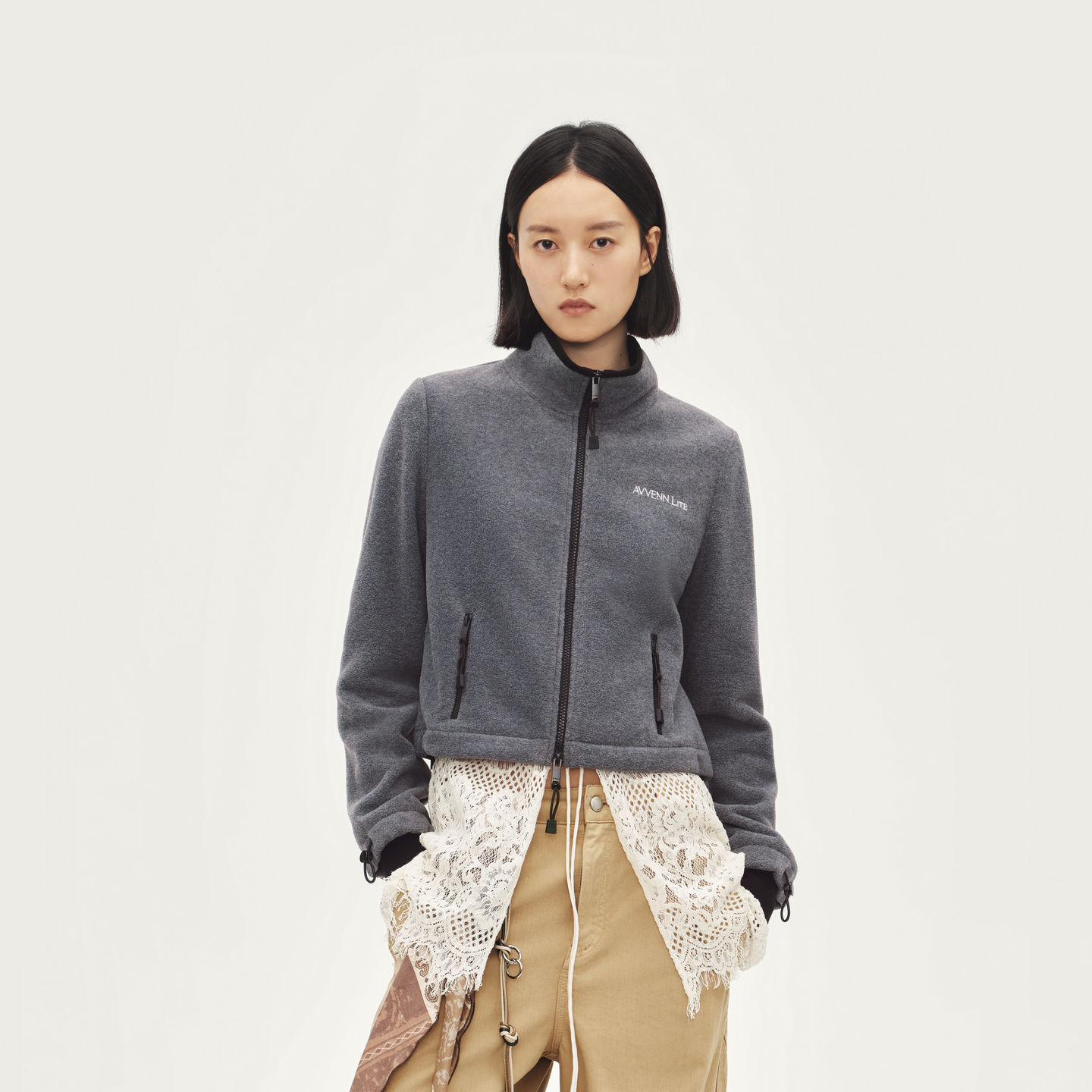 AVVENN摇粒绒开襟立领双头拉链灰色短外套AL90105549