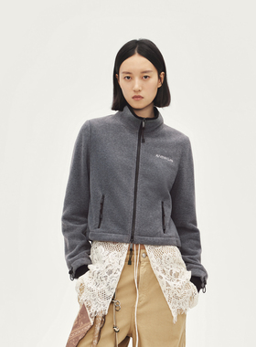 AVVENN摇粒绒开襟立领双头拉链灰色短外套AL90105549