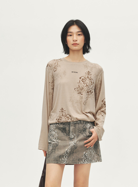 AVVENN设计师款垂感弹力复古满印舒适软糯圆领上衣AL71001523