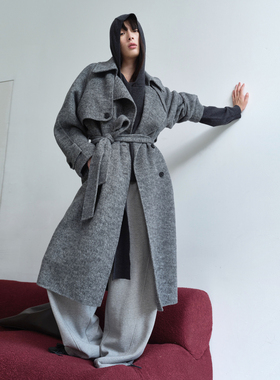 AVVENN双面呢浙变花灰色纹理翻领长大衣AL90303726