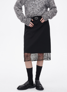 AVVENN冬季真两件黑色蕾丝半身长裙配赠腰带AM91506836