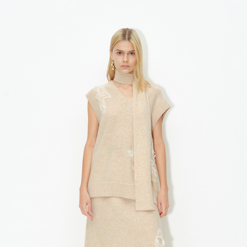 AVVENNV领无袖拉毛提花毛织马甲