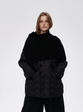 AVVENN冬季中式绳结毛织披肩长款羽绒服黑色AM90502532