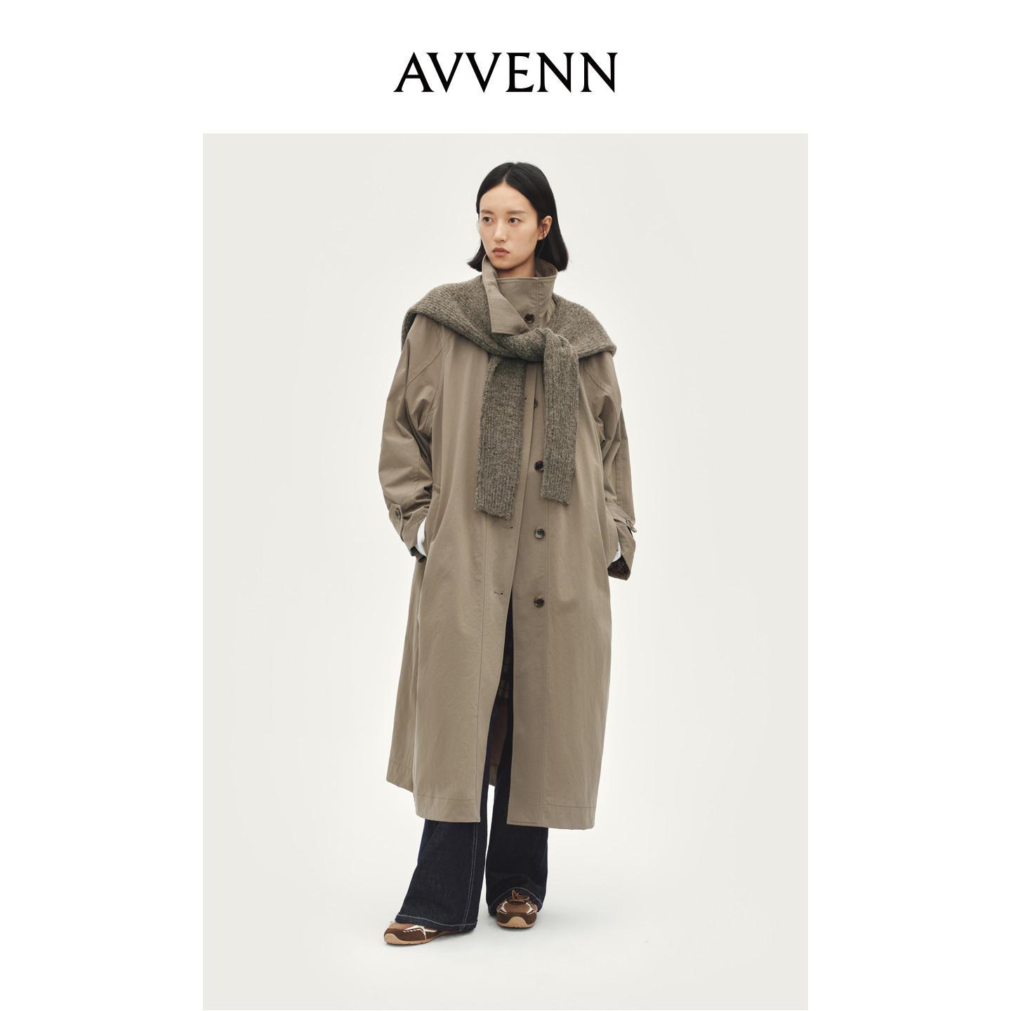 AVVENN可拆卸披肩领口格纹咖色宽松长风衣AL90202733