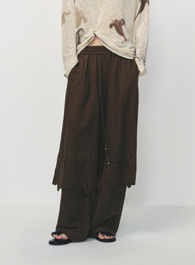 AVVENN盘带绣镂空绣花垂坠感假两件宽松长裤AK11301737