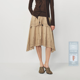 AVVENN马德拉刺绣工艺卡其色双层蕾丝中裙飘逸感AK11503761