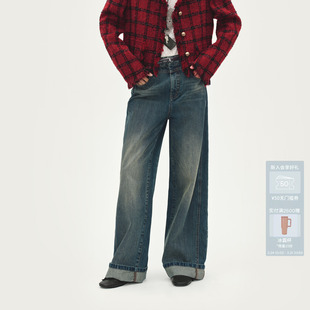 AVVENN配腰带直筒分割设计绣花裤 AL91302616 脚翻边牛仔裤