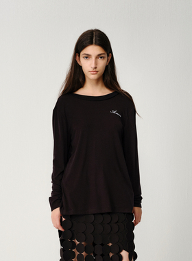 AVVENN春季经典简约黑色百搭扭结设计长袖T恤AM11001520