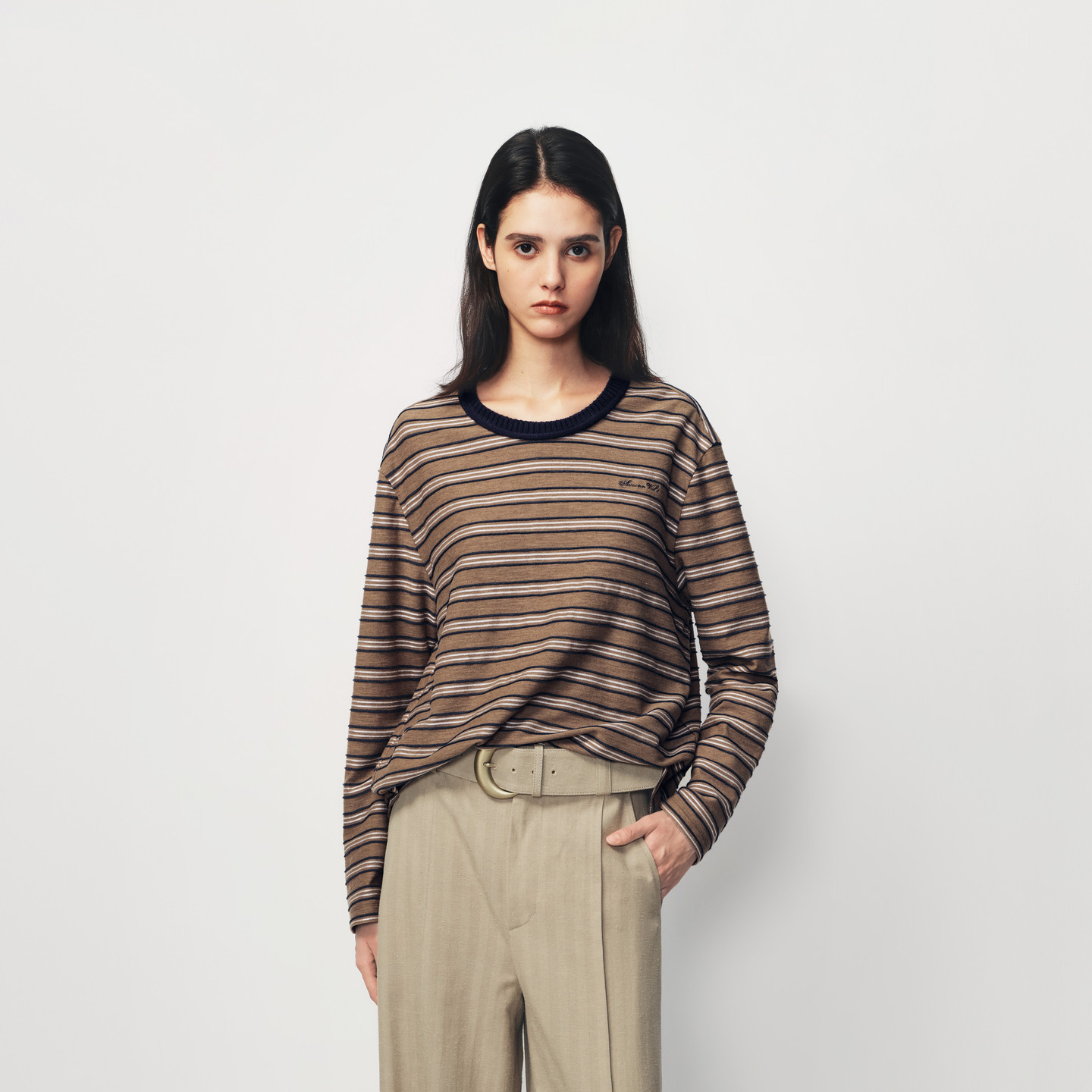 AVVENN立体条纹logo撞色卷边长袖宽松T恤AK11001505