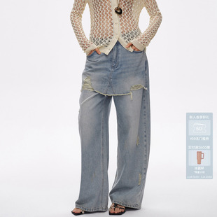 AVVENN设计师款 AL31302636 直筒宽松双层屁帘不规则磨破牛仔裤