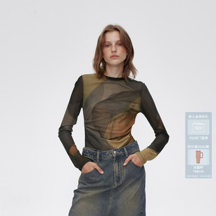 AVVENN定位印花修身 皮肤衣AM90802567 弹力网纱长袖