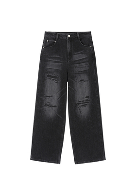 AVVENN冬季印花破洞磨毛底布宽松黑色牛仔裤AM91302588