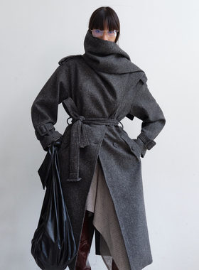 AVVENN领部围裹设计高级感灰色花点长大衣AL90303725