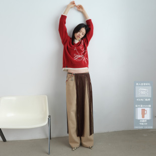 AK11302621 AVVENN撞色绣花压线竹马印花腰带牛仔裤 小竹马胶囊