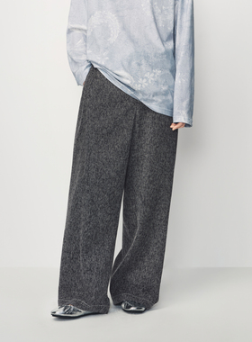 AVVENN配腰带不对称腰头直筒造型肌理感长裤AK11301743