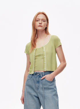 AVVENN设计师款透气真两件修身短款豆绿色针织上衣AL32801736