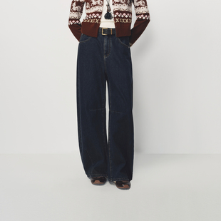 AVVENN902阔腿裤 时髦百搭AK11302601 立体口袋配金属腰带牛仔长裤