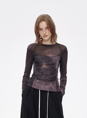 AVVENN冬季抽象染晕印花绒感舒适弹力长袖上衣AM90801765