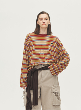 AVVENN设计师款假两件袖红色卡其条纹宽松落肩长袖AL71001512