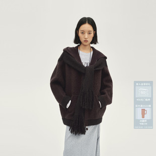 AVVENN羊毛马海毛毛衣连帽长开衫 流苏下摆围巾造型感AL90302792