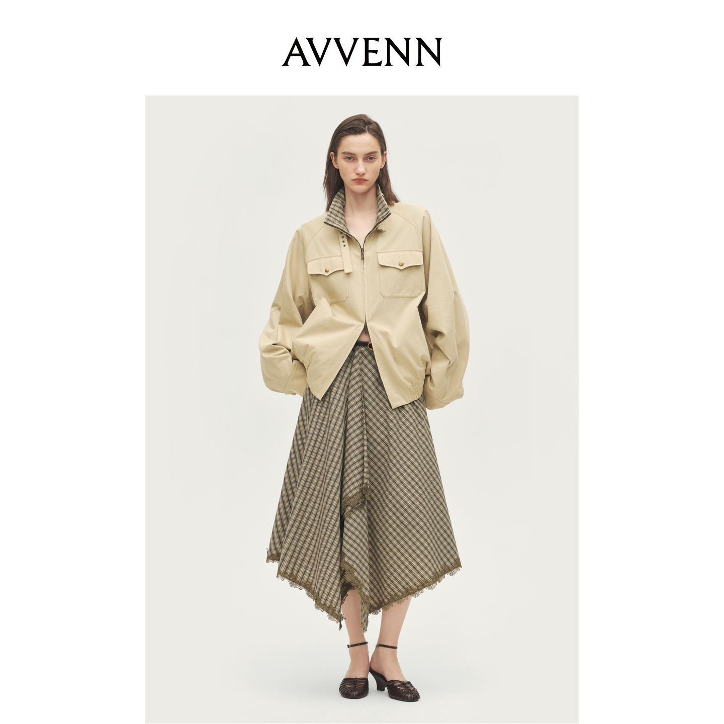 AVVENN设计师款正反双面美式复古墨绿格哈灵顿外套AL70110739