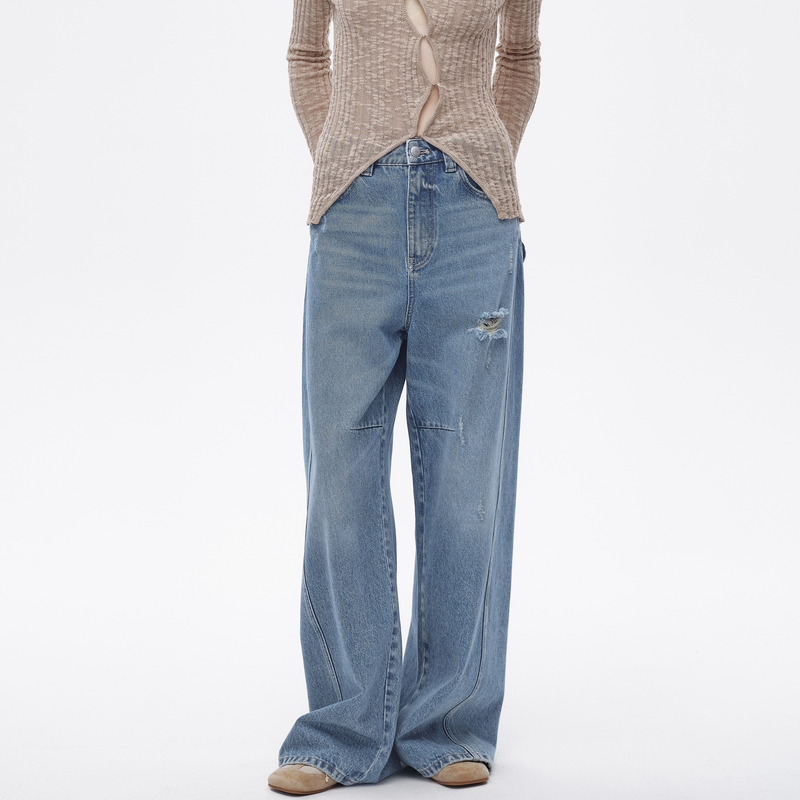 AVVENN设计师款前片破洞自然磨破撞色腰带牛仔裤AL11302589