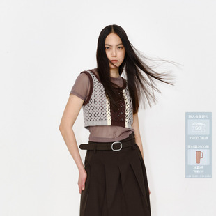 AVVENN真两件毛织三色拼接网纱短袖 AM30801607