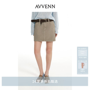 AVVENN卡其斜纹插袋分割线撞钉牛仔短裙附编制腰带 AK31307595