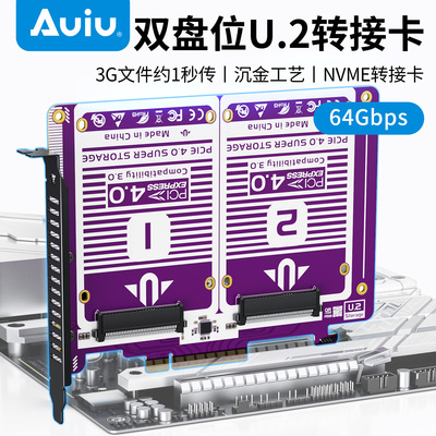 Auiu 双盘位U2转NVME转接卡U2竖插转接卡PCIE4.0转换卡沉金工艺