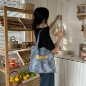 蓝格纹花朵印花单肩包ins博主同款 包包 Rouje布袋2023新款