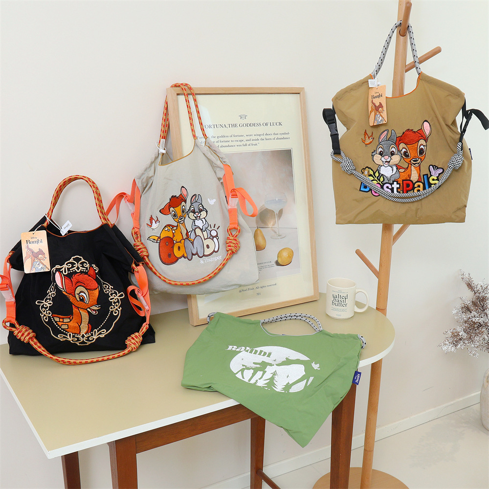斑比小鹿网红刺绣购物袋女卡通时尚环保休闲百搭早八通勤单肩包潮