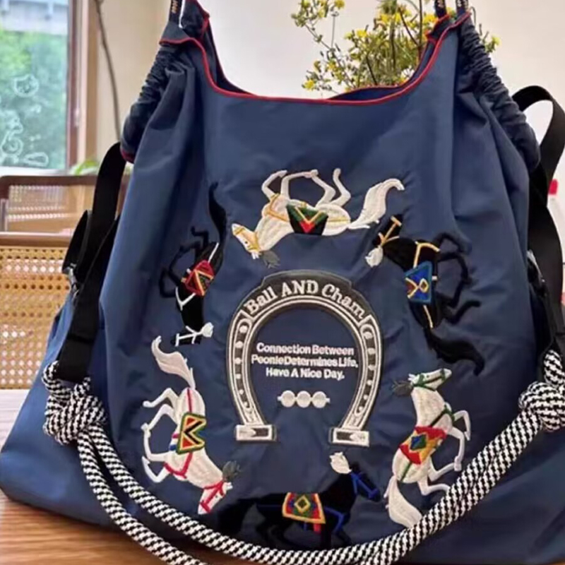 ball chain帆布环保购物袋刺绣斜挎包单肩包大容量登山健身电脑包