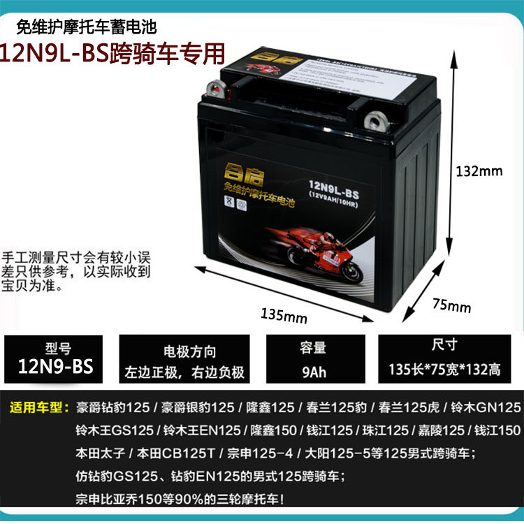 摩托车电瓶12V9a蓄电池免维护通用125踏板车110弯梁车干电池