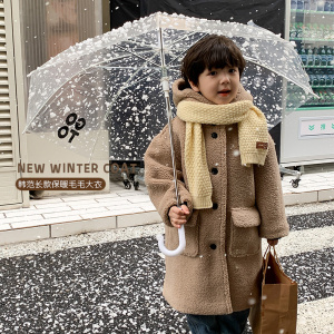 儿童2022冬加厚中长款连帽毛毛衣男女童宝宝韩版夹棉保暖棉服大衣