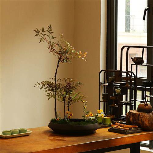 色的花器 磨砂陶瓷大花盘写景接水盘 小原流日式花道中式插花盆禅