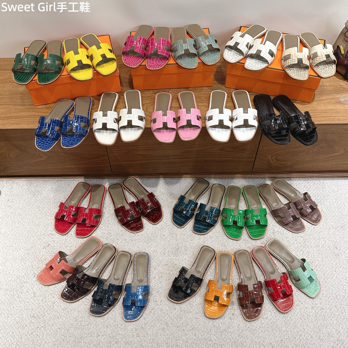 手工鞋法式鳄鱼纹女拖鞋驼鸟纹一字拖平底真皮凉拖外穿夏季沙滩鞋