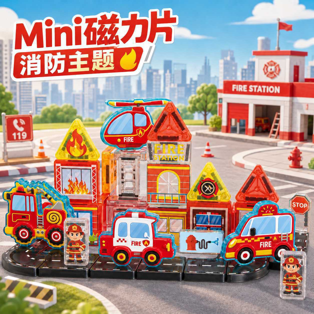 儿童便携口袋迷你磁力工程消防车警察主题拼搭磁力片积木益智玩具