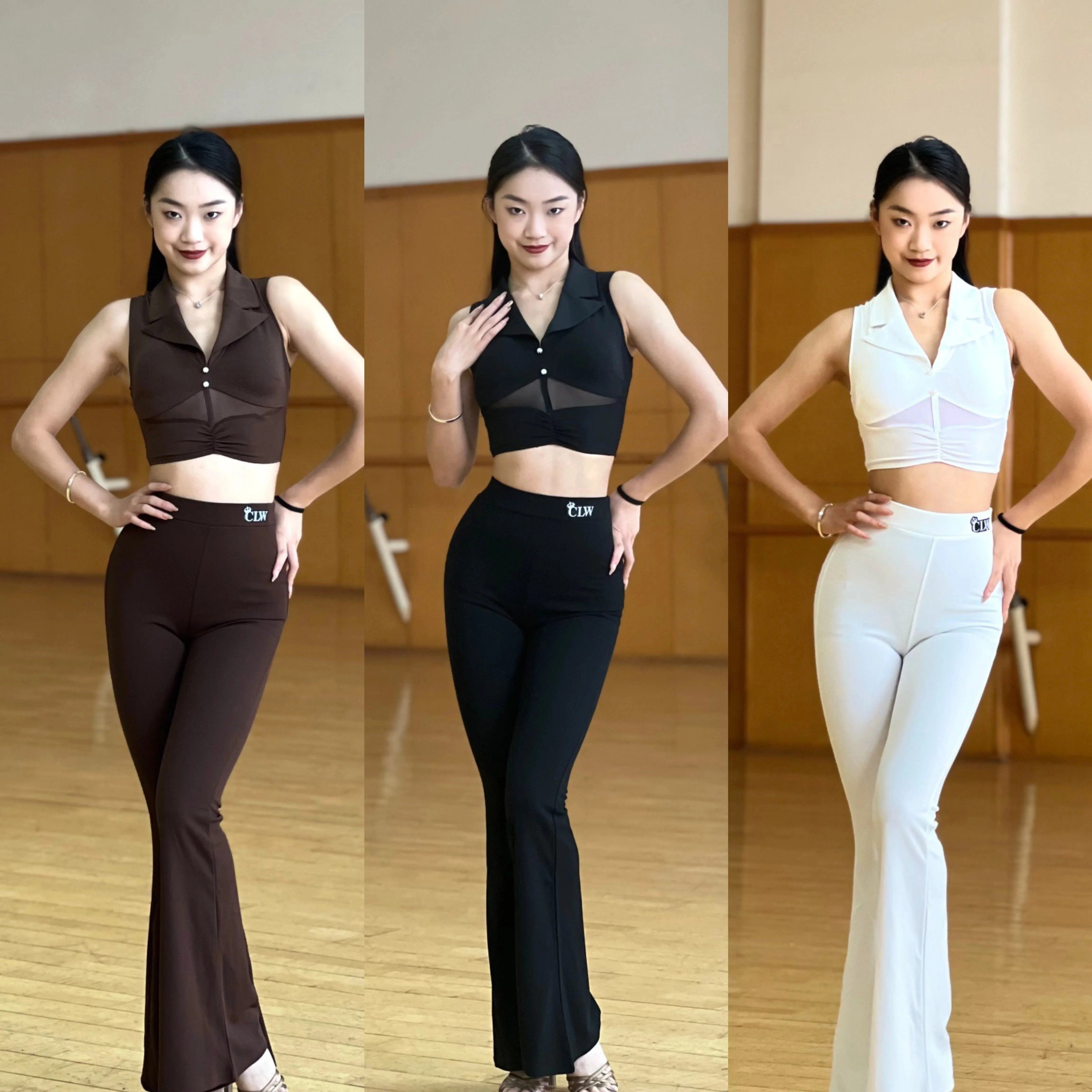新款女成人拉丁舞裤子短款上衣拼接网纱高腰修身练功裤喇叭裤套装,运动/瑜伽/健身/球迷用品,拉丁舞练习套装,淘宝优惠券,粉丝福利购,淘宝优惠卷