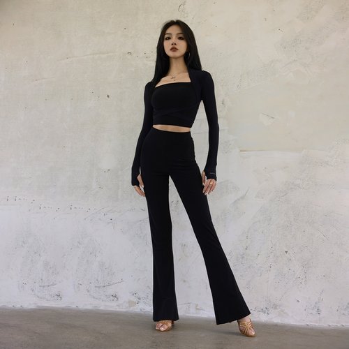 女士拉丁舞服黑色披肩吊带马蹄裤