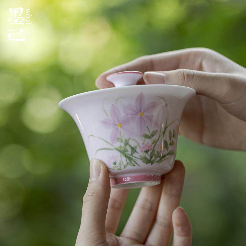 爆款杏粉手绘悠绽粉韵盖碗功夫茶具陶瓷文人器家用泡茶碗釉下彩
